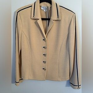 St John Collection Tan Knit Cardigan Jacket Stripe Gold Hardware Size 12